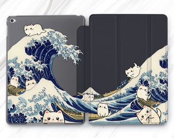 Custodia Kanagawa per iPad Air 5 4 3 2022 / Custodia con motivo a onda di gatto per iPad Mini 7 6 / Custodia con motivo a gattino carino per iPad Pro 13 12.9 11 10.5
