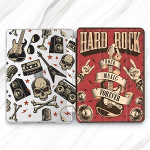 May include: A clear phone case with a repeating pattern of skulls, guitars, microphones, and cassette tapes. The back of the case has a red background with the text "HARD ROCK" in white letters. The text "ROCK MUSIC FOREVER" is written on a white ribbon with a black outline.