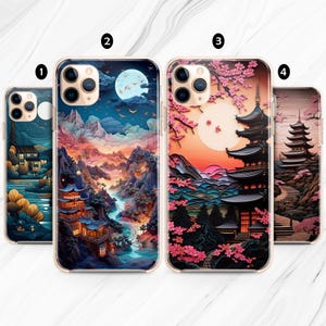 Japan Art Moon Sakura iPhone 16 15 Pro Max 14 13 12 11 case / China Chinese Samsung S24 S23 S22 Plus Ultra FE / Lake Sun Google Pixel 9 8 7