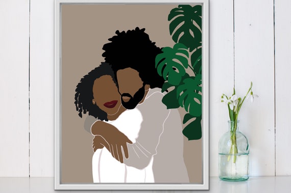 African American Couple Afro Art Black Love Art Print Black Couple Hugging Wall Art Minimalist Art Decor Printable Wall Art