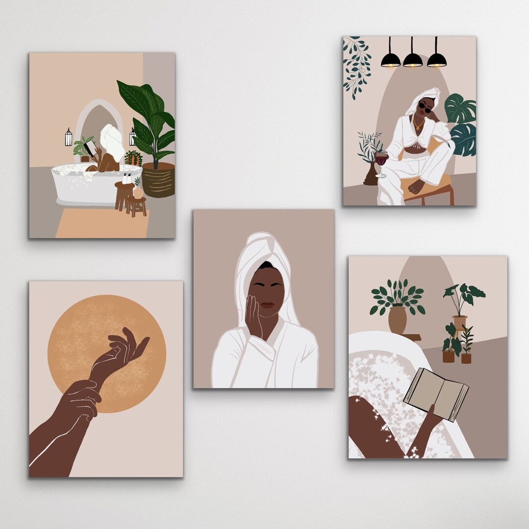 Bathroom Wall Art Set of 5 Prints, Afro Women Wall Art, Bathroom Decor