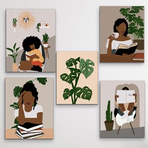 Set of 5 Black Woman Art, Black Art Set, Gallery Wall, Tropical Wall Art, Book Lover Art, Black Girl Art Print, Printable Art, Wall Set.