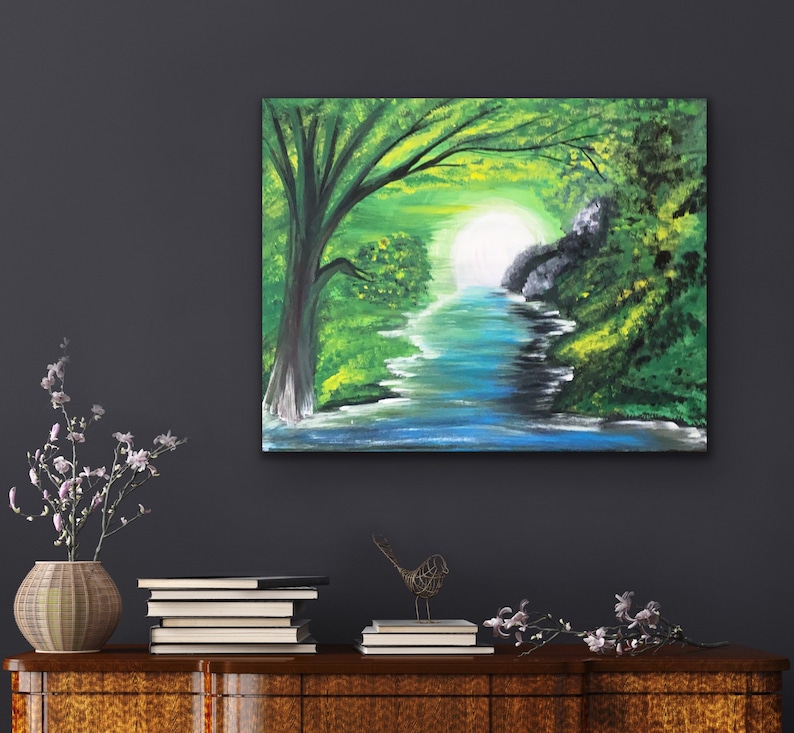 Large Canvas Painting Wall Art Lake Tree Mountain Nature Etsy