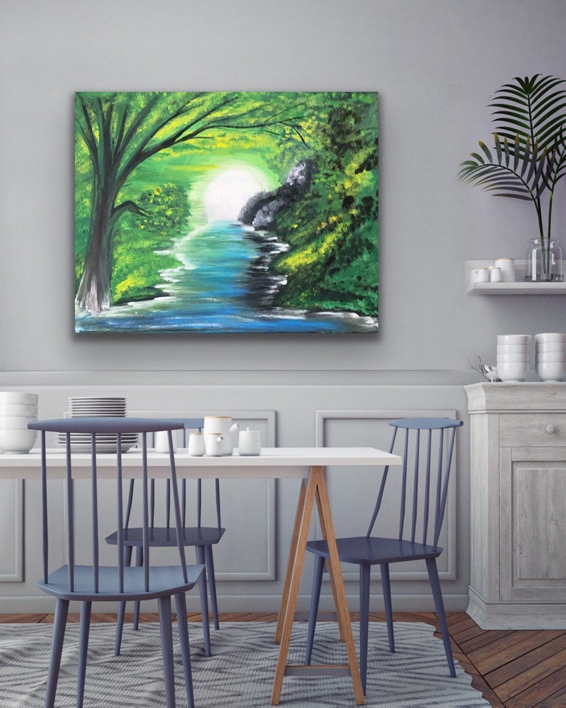 Large Canvas Painting Wall Art Lake Tree Mountain Nature Etsy