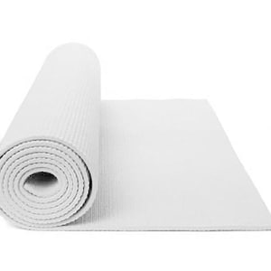 May include: A white yoga mat rolled up, with a textured surface. The mat is unfurled on a white background.