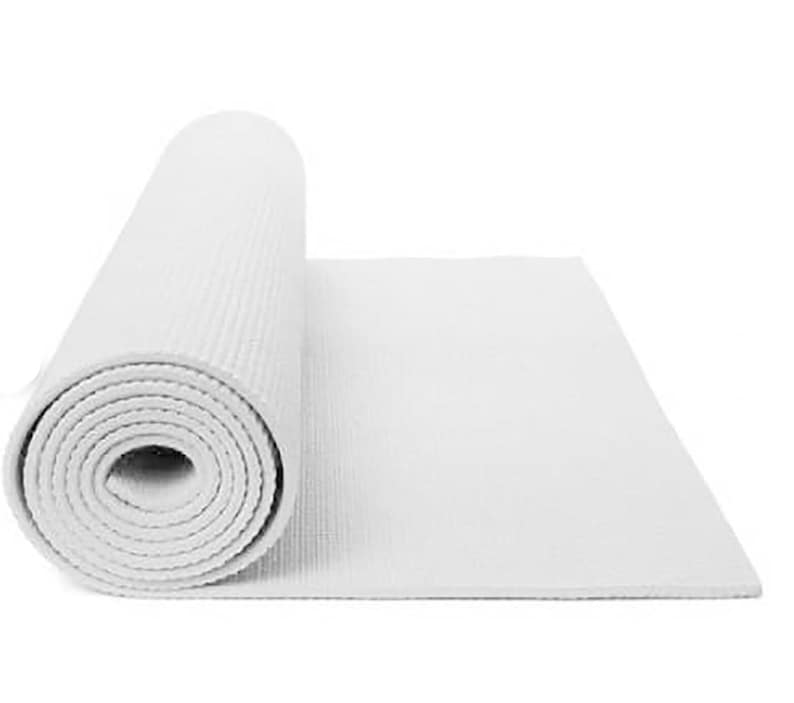 May include: A white yoga mat rolled up, with a textured surface. The mat is unfurled on a white background.