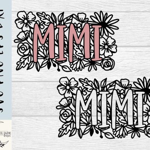 May include: Two black and white floral designs with the word "MIMI" in pink and white lettering.