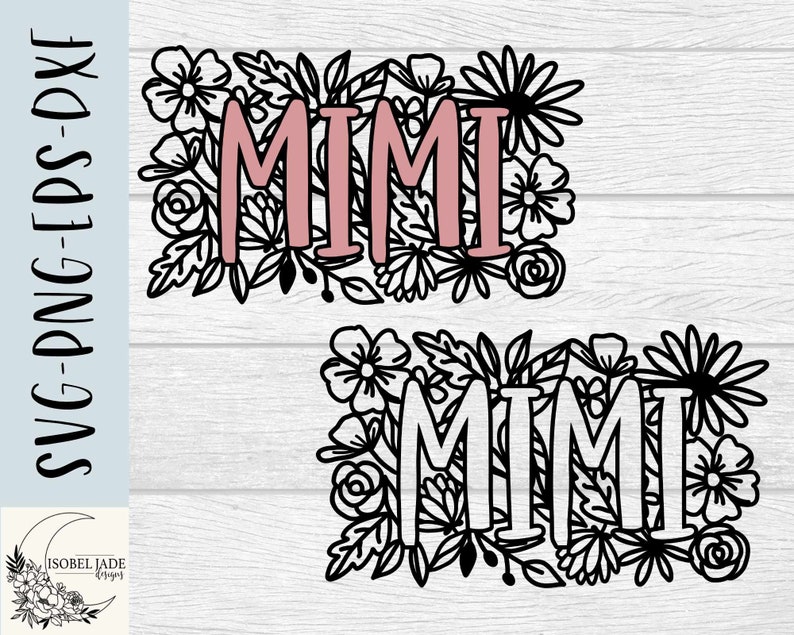 May include: Two black and white floral designs with the word "MIMI" in pink and white lettering.