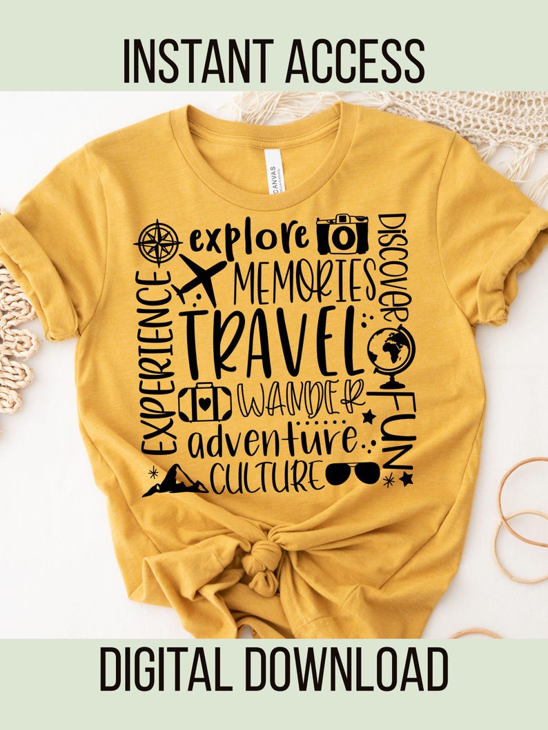 Travel Word Collage SVG Design, Vacation Shirt Graphic, Adventure Cut File for Cricut, Wanderlust Holiday Digital Download image 1