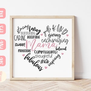 Puede incluir: Un dise&ntilde;o de arte de palabras en blanco y negro en forma de coraz&oacute;n. Las palabras incluyen "strong", "loving", "caring", "accepting", "sweet", "protective", "fabulous", "gentle", "kind", "giving", "encouraging", "passionate", "thoughtful", "wise", "inspiring" y "beloved". La palabra "Mama" est&aacute; en una fuente m&aacute;s grande y es rosa.