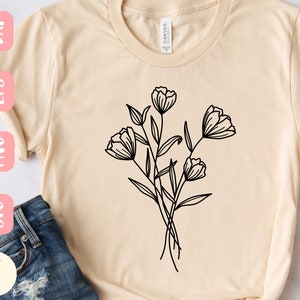 May include: A black and white line drawing of a bouquet of flowers with five blooms and stems. The flowers are stylised and resemble tulips.