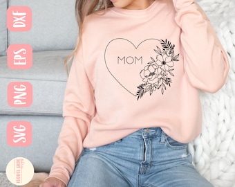 Mom Heart Floral Line Art SVG: Mama Cricut Design (Digital Download)