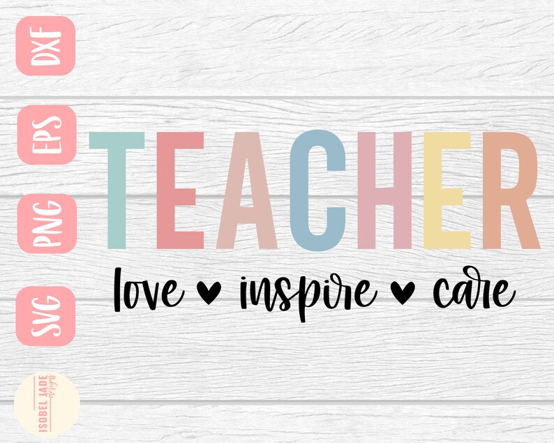 Może przedstawiać: Cyfrowy projekt z napisem &bdquo;TEACHER&rdquo; w pastelowych kolorach: miętowym, r&oacute;żowym, niebieskim, ż&oacute;łtym i brzoskwiniowym. Poniżej słowa &bdquo;love, inspire, care&rdquo; z czarnymi sercami. Zawiera ikony typ&oacute;w plik&oacute;w.