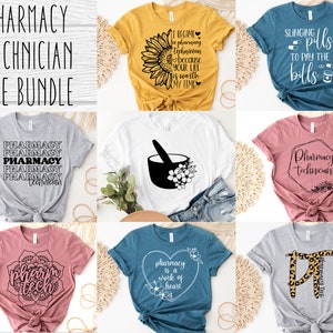 May include: A bundle of 10 different t-shirt designs for pharmacy technicians. The designs feature various phrases and graphics related to pharmacy work, such as "Pharmacy Technician", "Slinging Pills to Pay the Bills", and "Pharmacy is a Work of Heart".