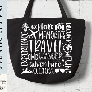 May include: Black tote bag with white text that reads "explore", "memories", "travel", "wander", "adventure", "culture", "discover", "fun". The text is arranged in a circular pattern around a globe, airplane, camera, and suitcase.