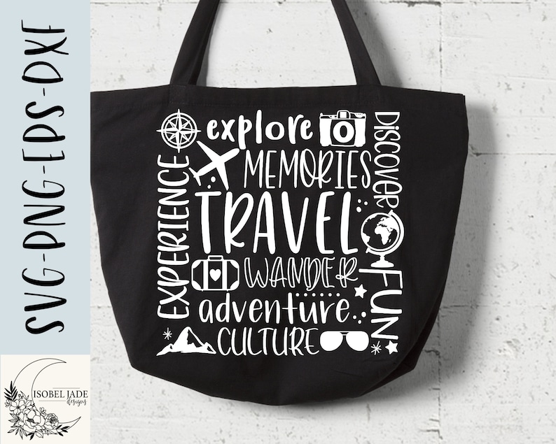 May include: Black tote bag with white text that reads "explore", "memories", "travel", "wander", "adventure", "culture", "discover", "fun". The text is arranged in a circular pattern around a globe, airplane, camera, and suitcase.