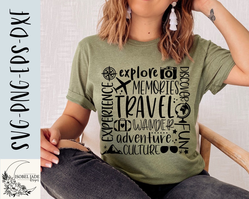 May include: A green t-shirt with black text that says "EXPERIENCE explore MEMORIES TRAVEL WANDER adventure.. CULTURE" with a compass, airplane, camera, globe, suitcase, and sunglasses graphic.