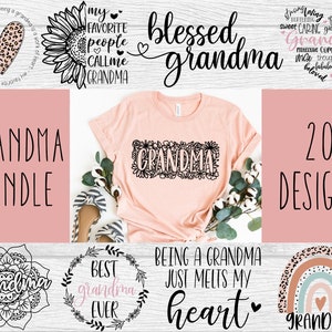 May include: A digital download bundle of 20 grandma-themed designs. The designs feature various fonts, illustrations, and graphics, including a sunflower, a heart, a rainbow, and a mandala. The text includes phrases like "blessed grandma", "my favorite people call me grandma", and "being a grandma just melts my heart".