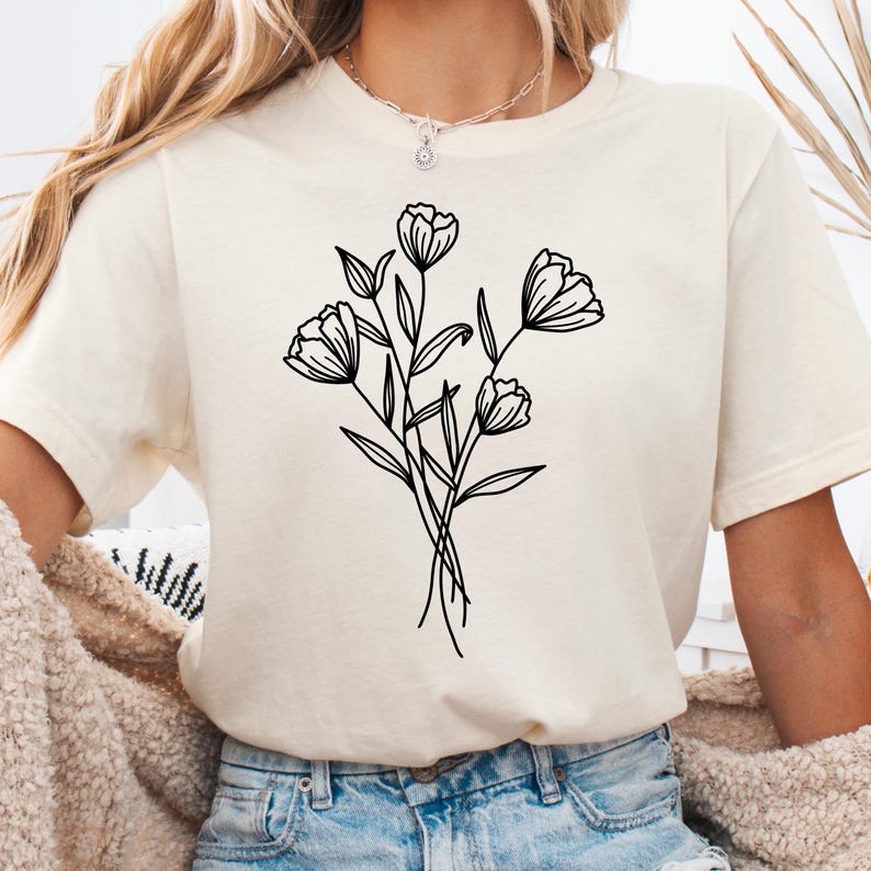 Flower Bouquet SVG: Floral Line Drawing, Cosmos Spring Flower Shirt Design, Digital Download image 1