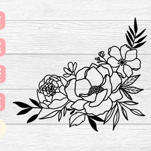 以下が含まれることがあります： 様々な花と葉で構成された花束の白黒の線画イラスト。花束は角の形に配置されています。
