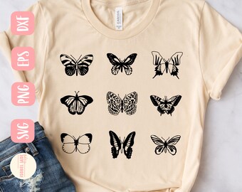 Butterfly SVG: Insect Line Drawing, Bundle of nine, Butterfly Shirt Design PNG, DXF, eps (Digital Download)