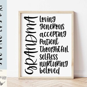May include: A printable design for a sign that says "Grandma" with the words "Loving, Generous, Accepting, Patient, Thoughtful, Selfless, Nurturing, Beloved" written vertically below it.