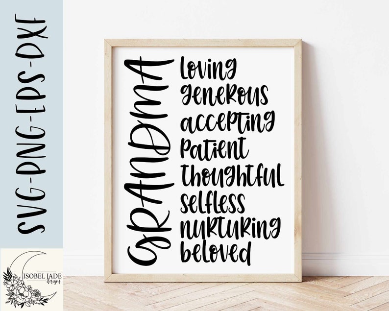 May include: A printable design for a sign that says "Grandma" with the words "Loving, Generous, Accepting, Patient, Thoughtful, Selfless, Nurturing, Beloved" written vertically below it.