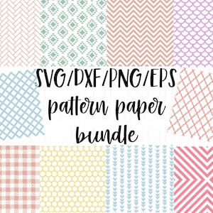 Könnte beinhalten: Ein digitales Download-Paket mit 10 verschiedenen nahtlosen Mustern in verschiedenen Farben und Stilen. Die Muster umfassen geometrische Formen, Streifen und Gingham. Der Text "SVG/DXF/PNG/EPS pattern paper bundle" wird in der Mitte des Bildes angezeigt.