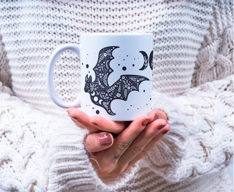 Celestial Bat Mug Goddess Moon and Flowers Witchy Tea Mug image 1