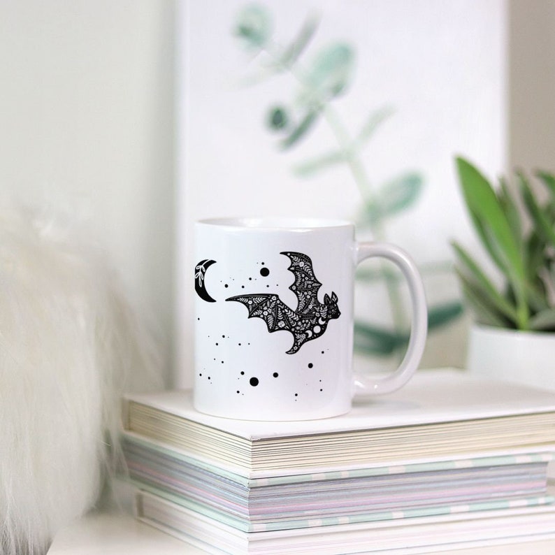 Celestial Bat Mug Goddess Moon and Flowers Witchy Tea Mug image 2