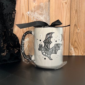 Bat Mug Celestial Black Accents Goddess Moon and Flowers Delux 15 oz. Coffee