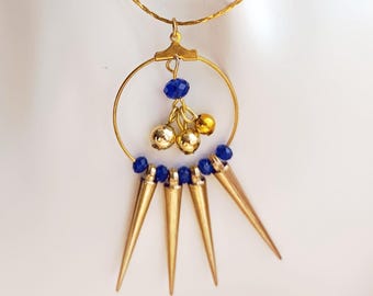 Royal Spikes Necklace - gold-colored chain with handmade pendant made of spikes and royal blue glass beads, (matching earrings available in the shop)