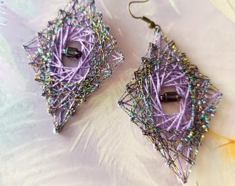 Iridescent Magic - Handmade String Art Statement Earrings in Purple with Glittering Multicolor Yarn
