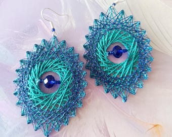 Sapphire Wave - Handmade glittery string art earrings in blue