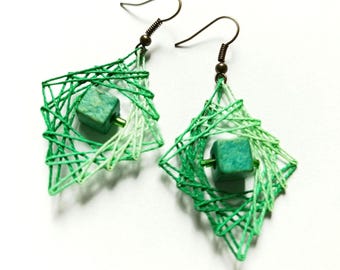 Natural Energy - Handmade String Art Earrings in Green Gradient