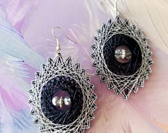 Midnight Eclipse - Handmade String Art Statement Earrings in Black and Silver