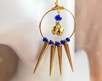 Royal Spikes Earrings - Handmade, eye-catching earrings made of gold-colored spikes and royal blue glass beads, unique piece (matching necklace available in shop)