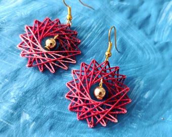 Scarlet Mandala - Handmade red string art mandala earrings