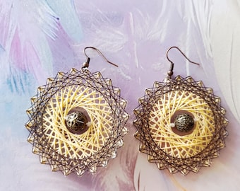Amber Web - Handmade string art statement earrings in beige and bronze