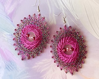 Berry Sparkle - Handmade string art earrings in berry tones with multicolor glitter yarn