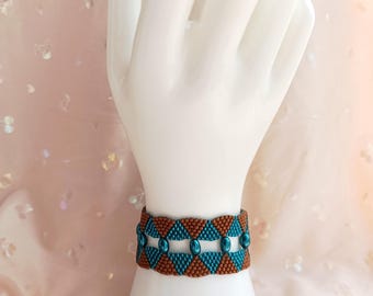 Copper Teal Mosaic Armband - Elegantes handgemachte Webperlen-Armband im Ethno- & Boho-Stil aus Rocailles Perlen, Unikat Schmuck für Sie
