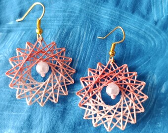 Soft Sunrise - Handmade Peach String Art Mandala Earrings