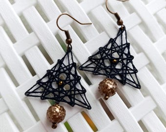 Midnight Bronz - Handmade String Art Earrings in Black & Bronze