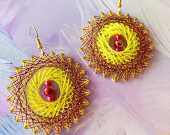 Sunset Glow - Handmade String Art Statement Earrings in Yellow and Red