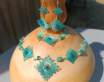 Turquoise Dream - Handmade turquoise green string art jewelry set - necklace, bracelet, earring