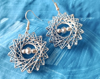 Silver Star Mandala - Handmade grey string art mandala earrings