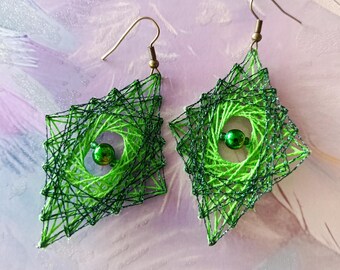 Forest Diamond - Handmade eye-catching, diamond-shaped string art earrings in green