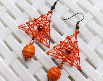 Amber Triangle - Handmade String Art Earrings in Orange