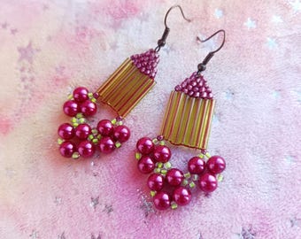Lime Berry Earrings - Handmade beaded statement earrings in berry and lime tones, unique piece, (matching necklace also available in the shop)