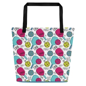 Large Pickleball Tote Bag - Pickleball Pattern Bag - Fun Pickleball Graphic Beach Bag - Pickleball Bag